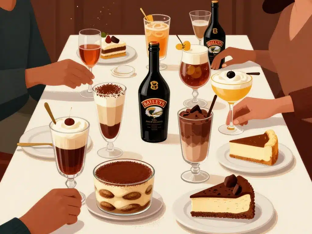 illustration baileys cocktails et desserts variés sur table