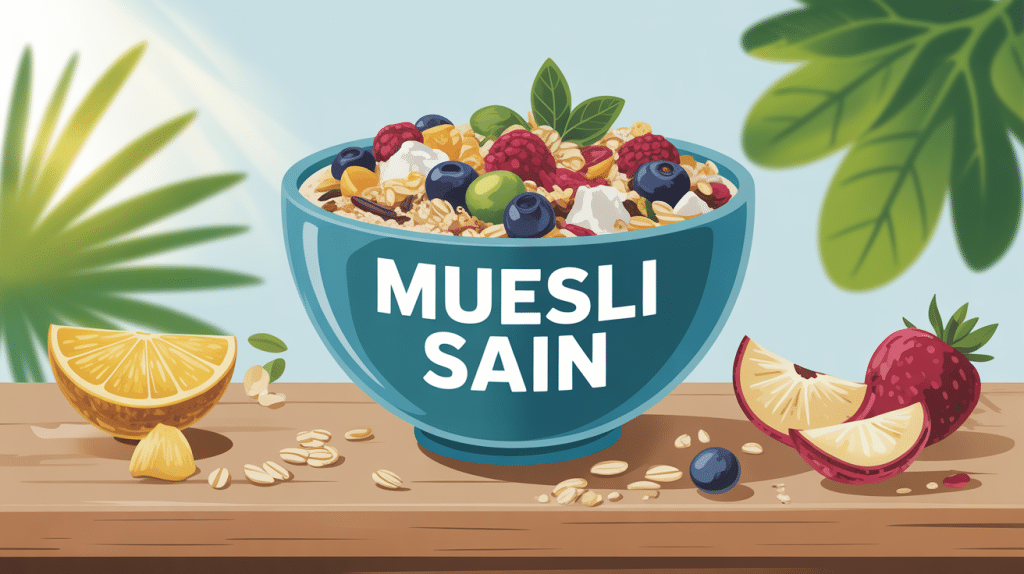 Bol de muesli sain avec flocons, fruits et oléagineux sur table en bois