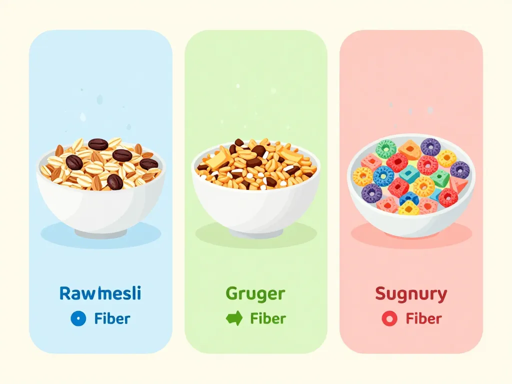 Différences visuelles entre muesli sain, granola sucré et céréales industrielles