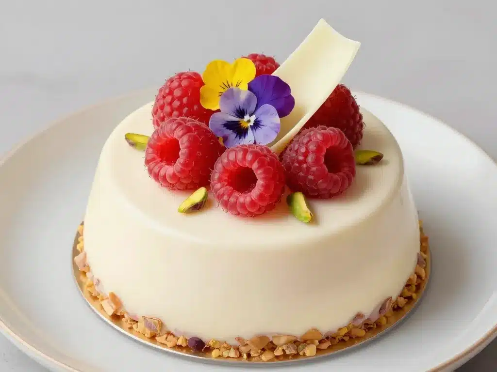 bavarois framboise décoré avec fruits et chocolat blanc