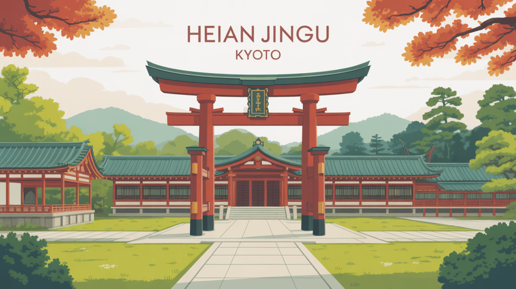 illustration du sanctuaire heian jingu kyoto japan avec torii et jardins