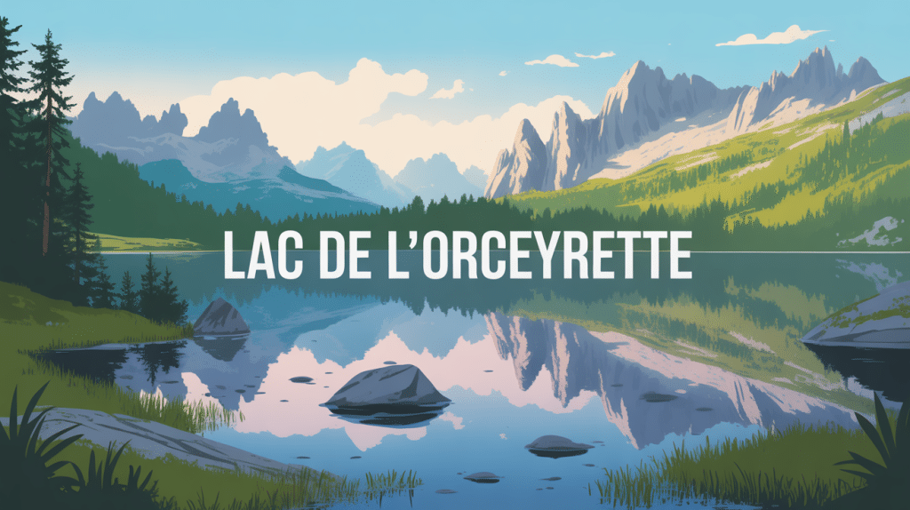vue du lac de l'orceyrette entouré de montagnes et mélèzes