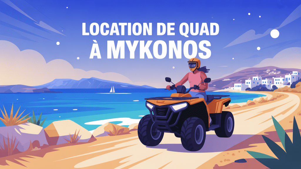 location quad mykonos sur route sinueuse avec plage et village