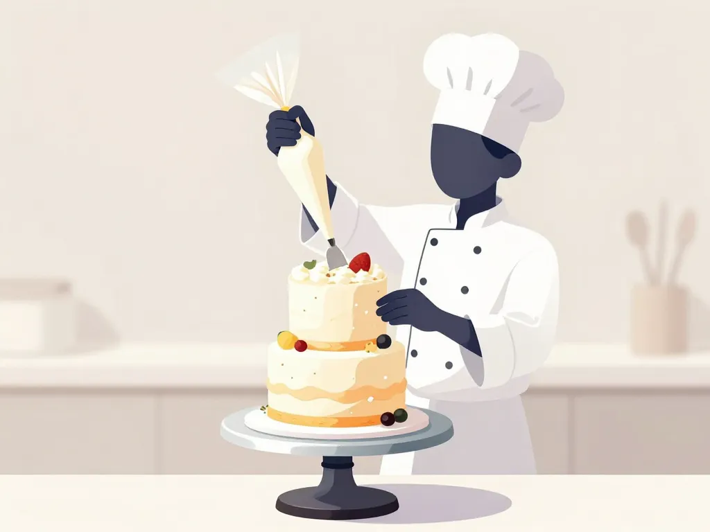 Boulanger assemble et décore layer cake professionnel