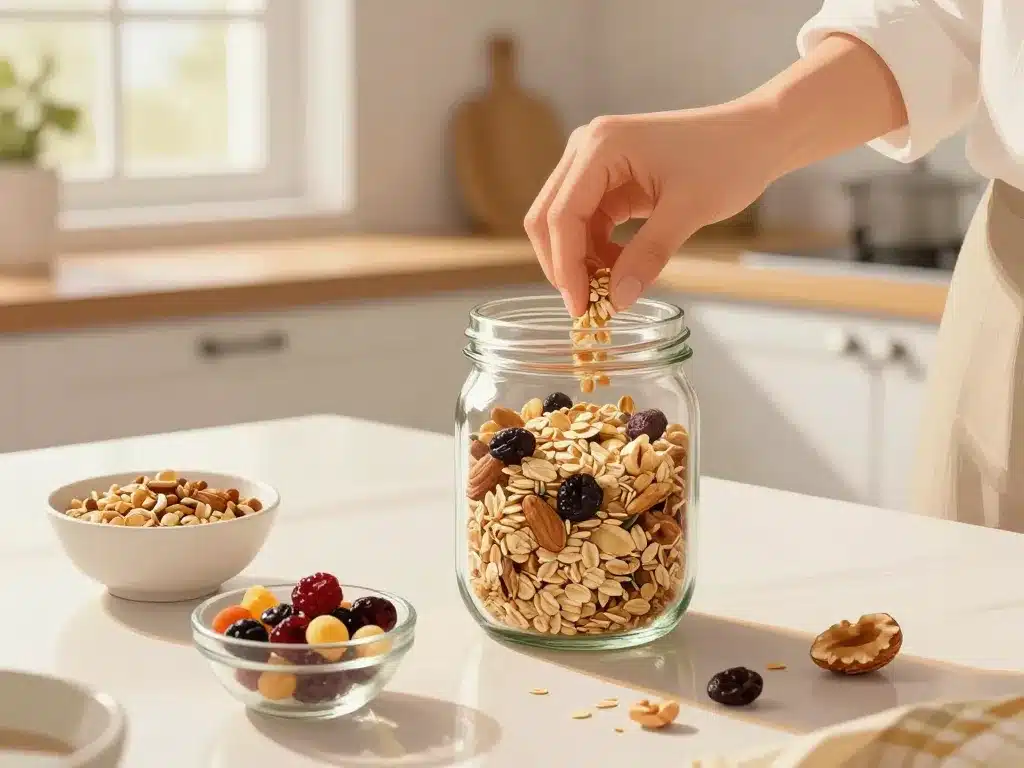 Préparation de muesli maison avec ingrédients sur une table de cuisine