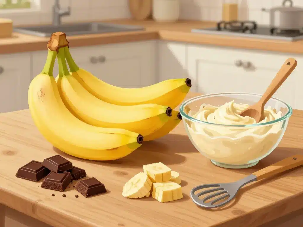 ingrédients cake banane chocolat sur table de cuisine