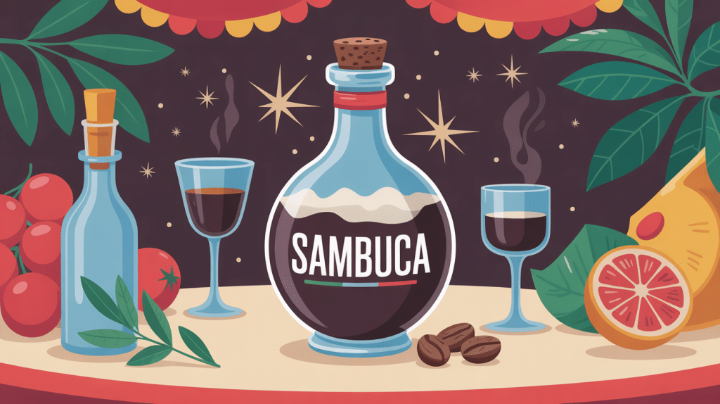 Illustration sambuca bouteille grains de café table méditerranéenne