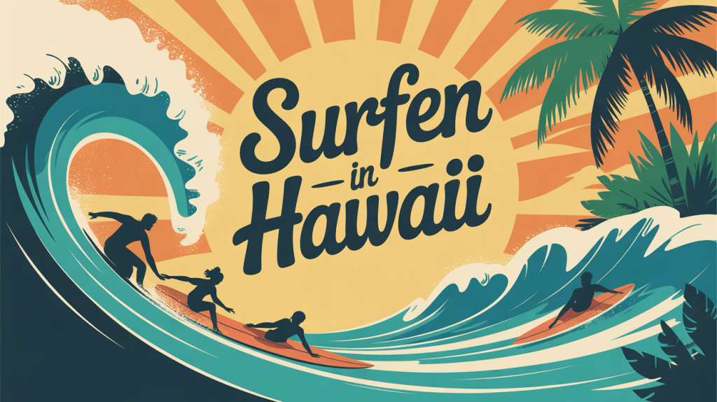 Illustration surfen in hawaii vague planche palmiers