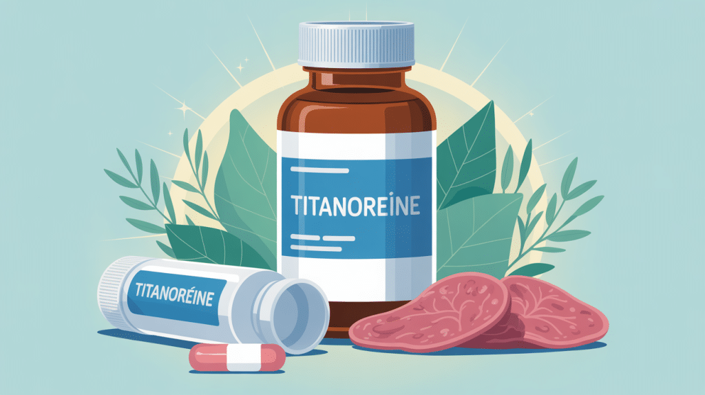 Illustration Titanoreine boîte tube et suppositoire sur fond apaisant