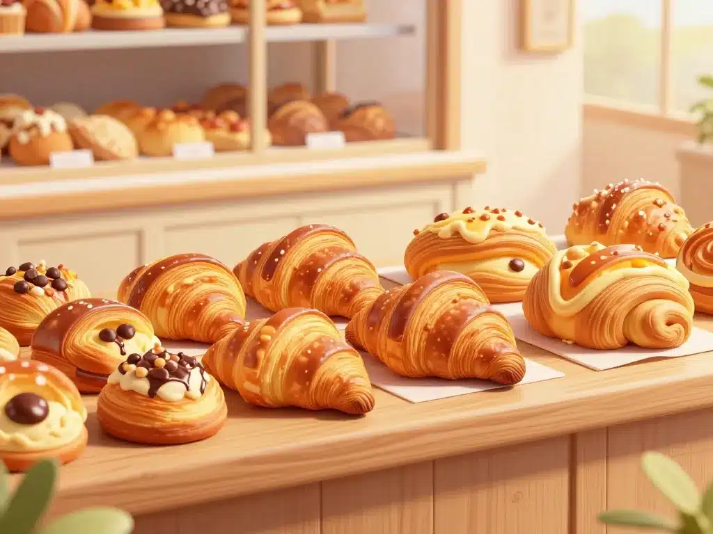 assortiment viennoiserie sur comptoir boulangerie