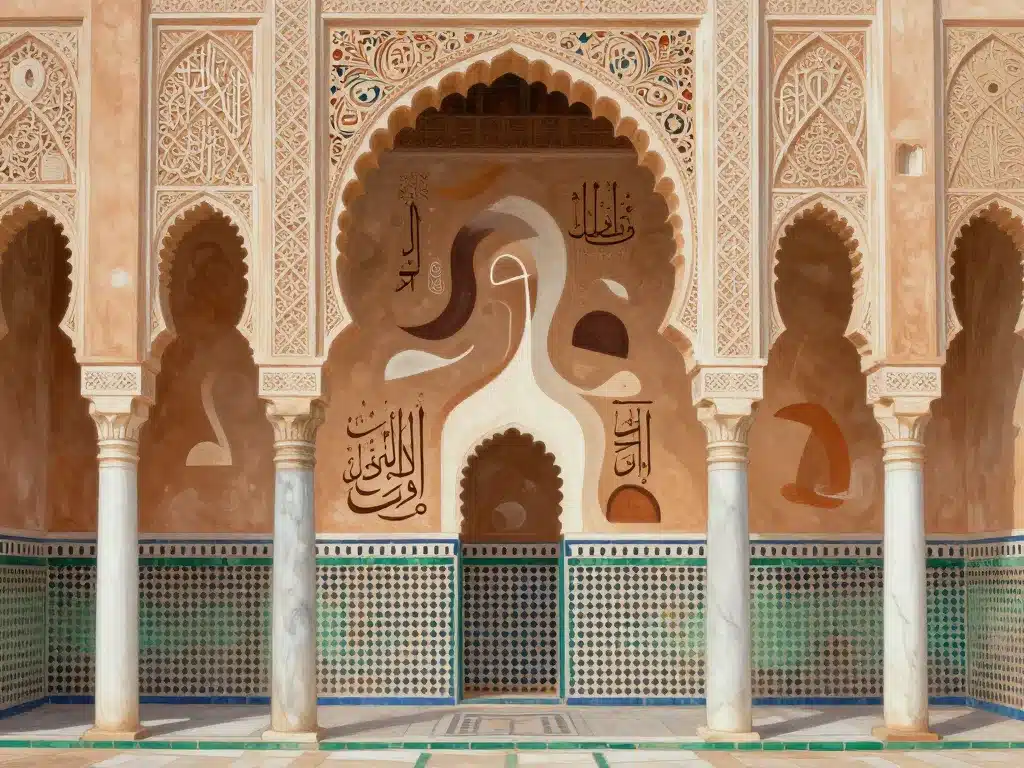 Motifs symboliques de Bab El Mansour Meknes avec mosaïques et colonnes