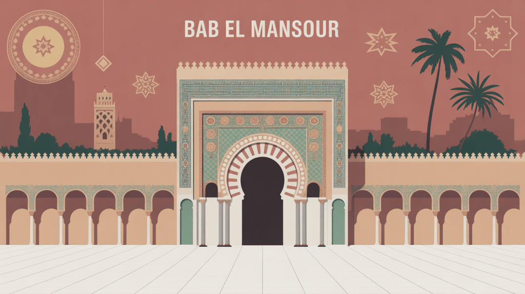 Illustration stylisée de Bab El Mansour Meknes avec mosaïques et colonnes