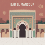 Illustration stylisée de Bab El Mansour Meknes avec mosaïques et colonnes