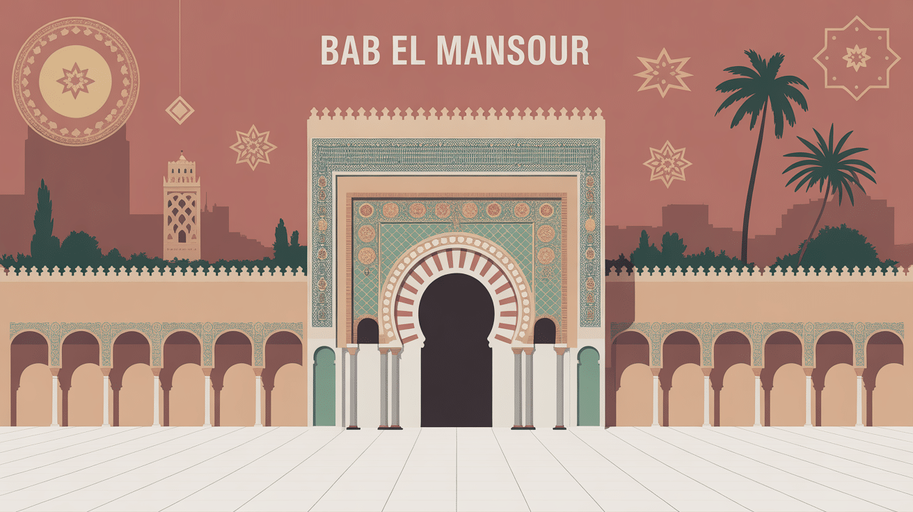 Illustration stylisée de Bab El Mansour Meknes avec mosaïques et colonnes