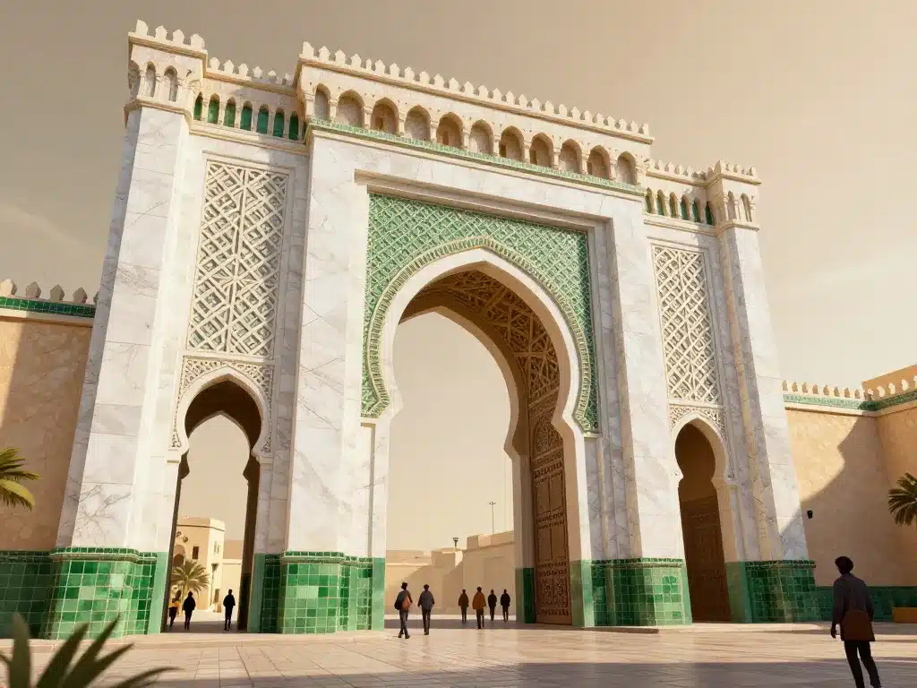 Vue 3D de la porte Bab El Mansour Meknes sous lumière dorée