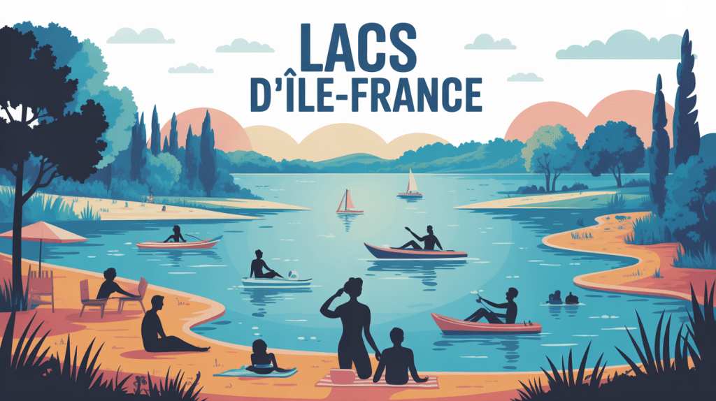 Vue globale stylisée des lacs Ile de France, baignade et activités