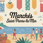 Ambiance marchés Saint Pierre la Mer avec étals et mer