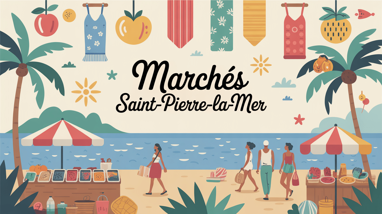 Ambiance marchés Saint Pierre la Mer avec étals et mer