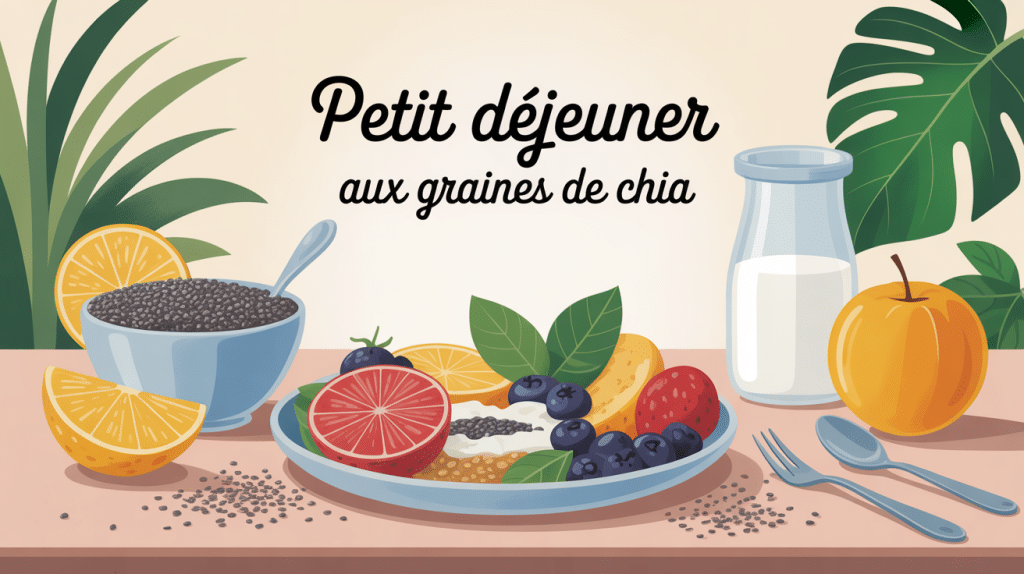 Petit dej graine de chia avec fruits, lait végétal et bols sur table matinale