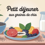 Petit dej graine de chia avec fruits, lait végétal et bols sur table matinale
