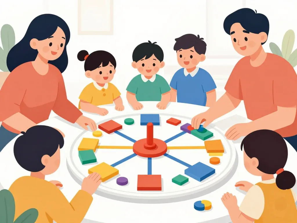 Illustration enfants adultes jouant petit plat en equilibre jeu