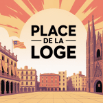 illustration stylisée de la place de la loge avec façades gothiques et ambiance catalane