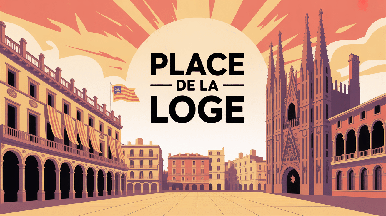 illustration stylisée de la place de la loge avec façades gothiques et ambiance catalane