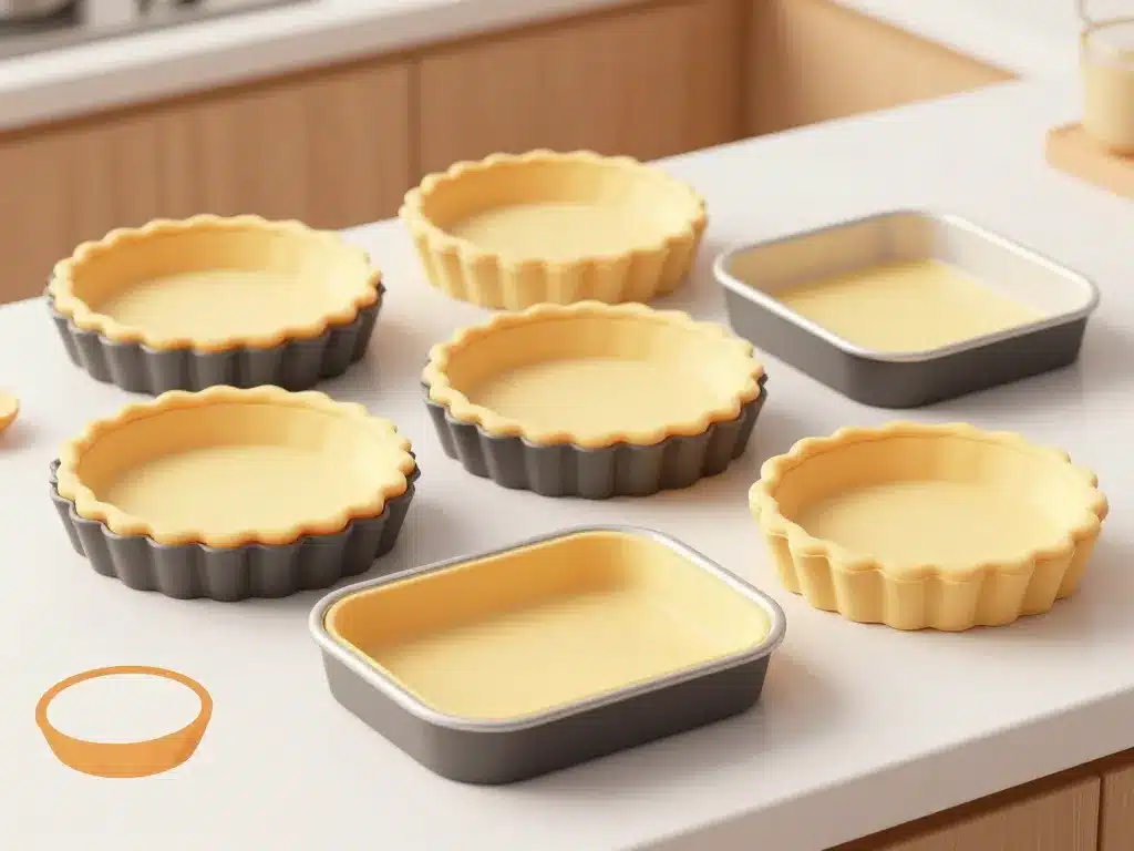 Plusieurs plats à tarte de différentes formes sur un plan de travail