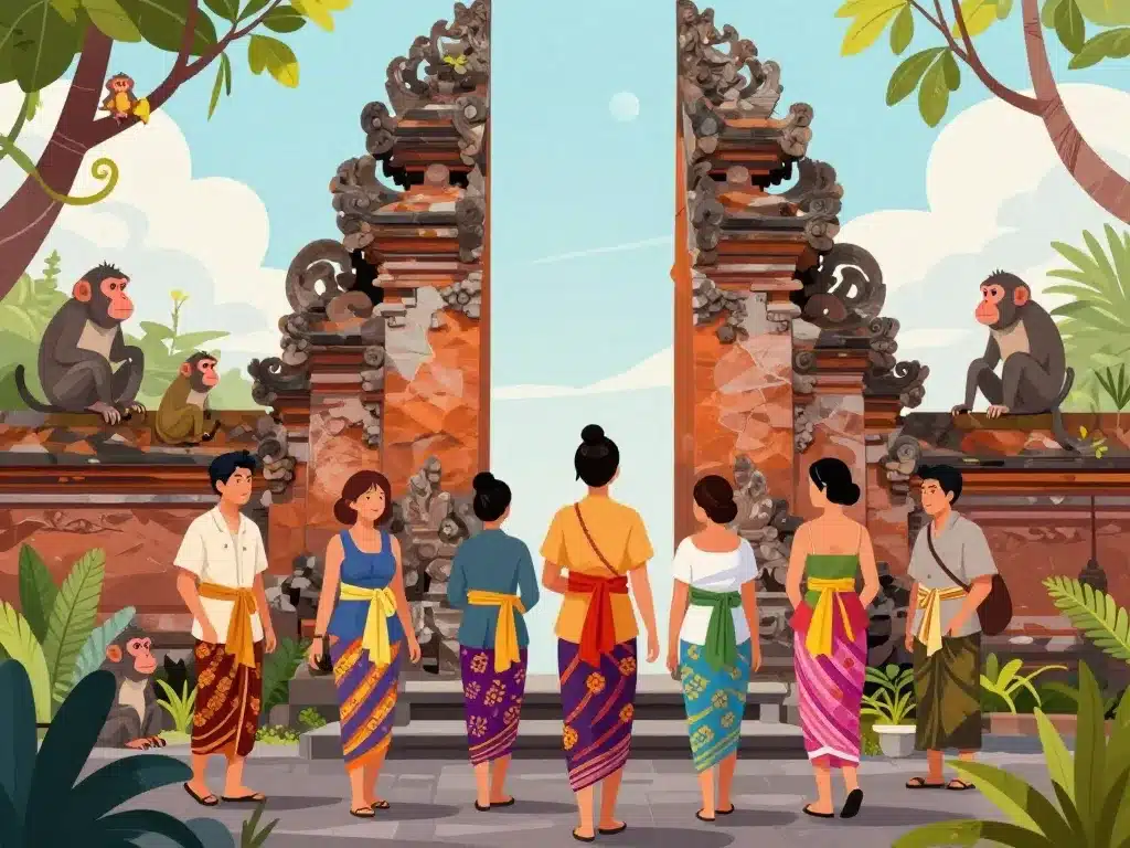 Visiteurs en sarong au temple pura luhur uluwatu sur falaise