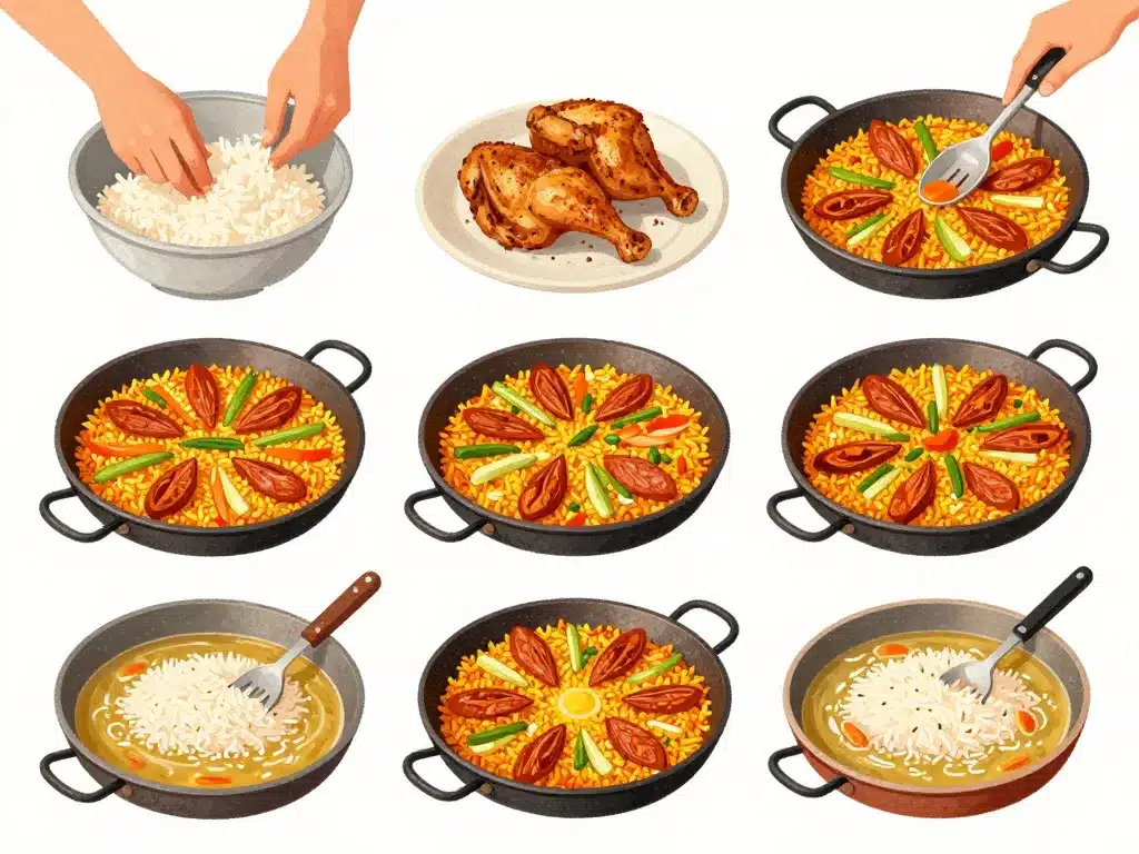 Etapes clés recette paella au poulet et chorizo en images