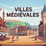 Ville médiévale avec remparts et maisons à pans de bois