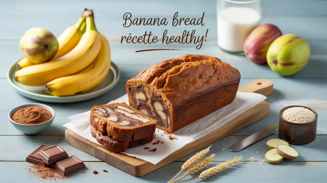 banana bread recette healthy tranché sur planche