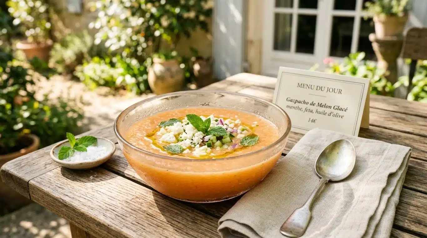 Gaspacho de melon à la menthe et éclats de feta