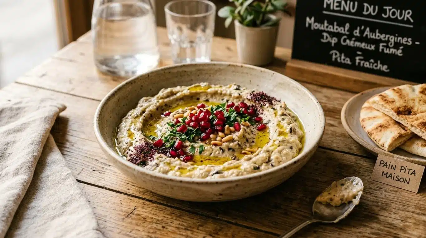 Caviar d'aubergine libanais (Moutabal) dressé dans une assiette avec huile d'olive, grenade et persil.