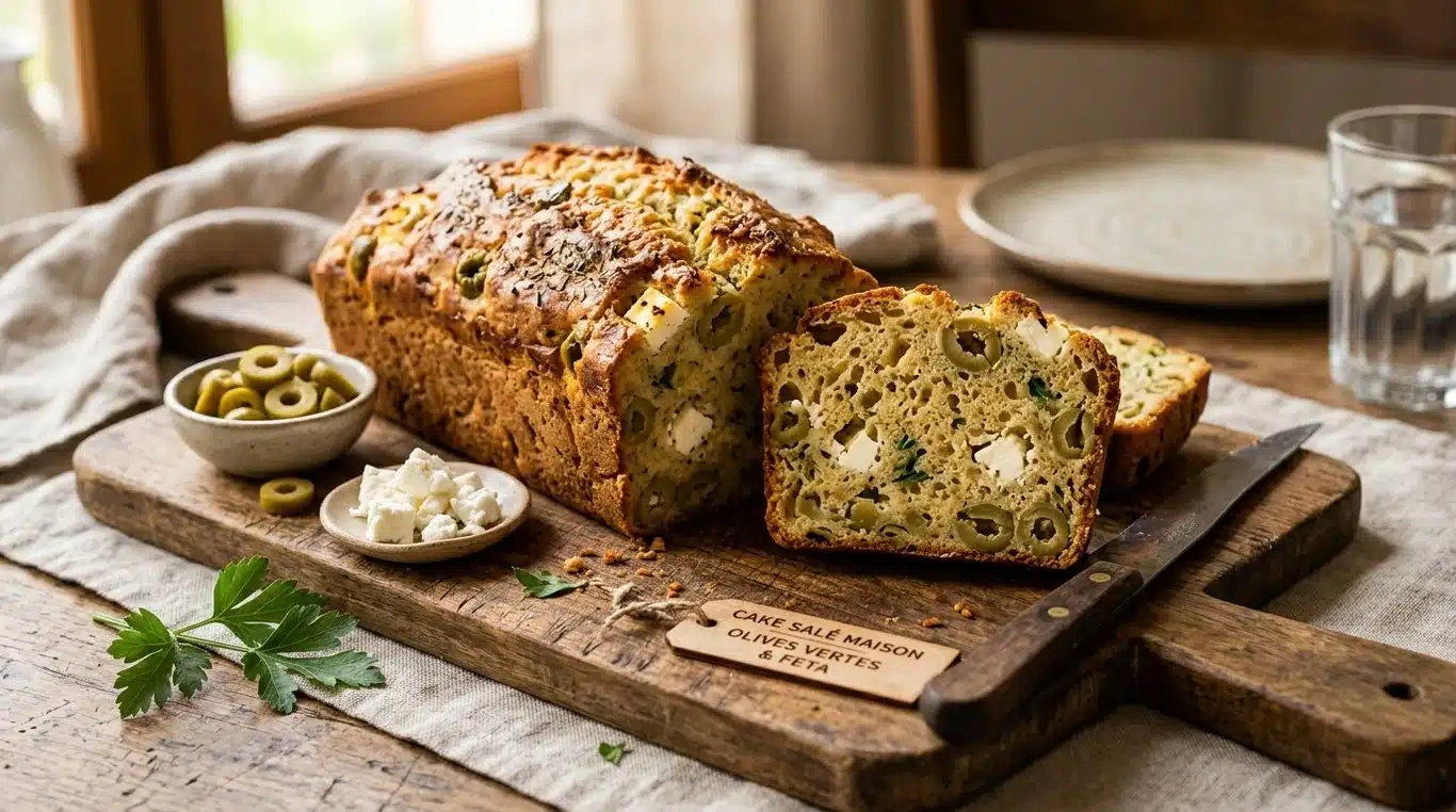 Cake salé aux olives vertes et à la féta, prêt à être dégusté.