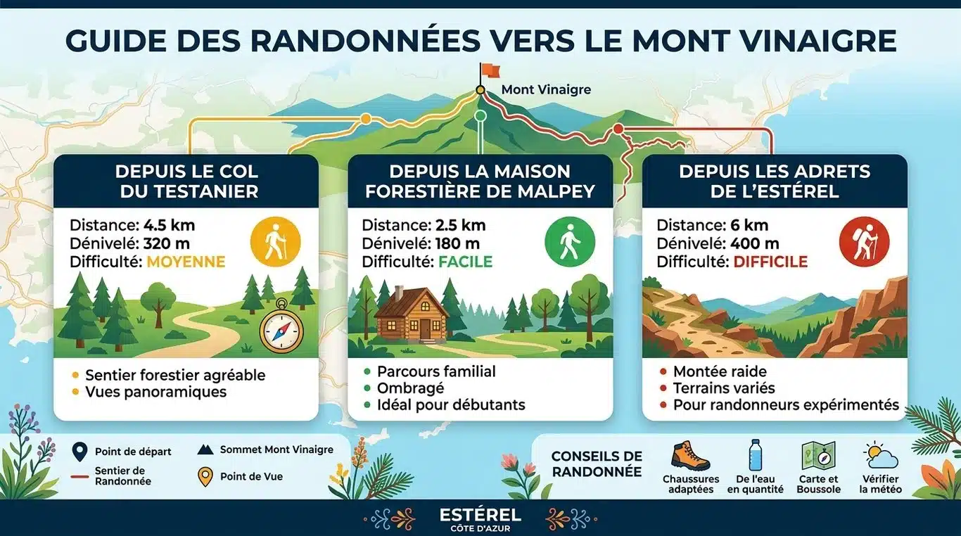Infographie récapitulative des itinéraires de randonnée vers le Mont Vinaigre
