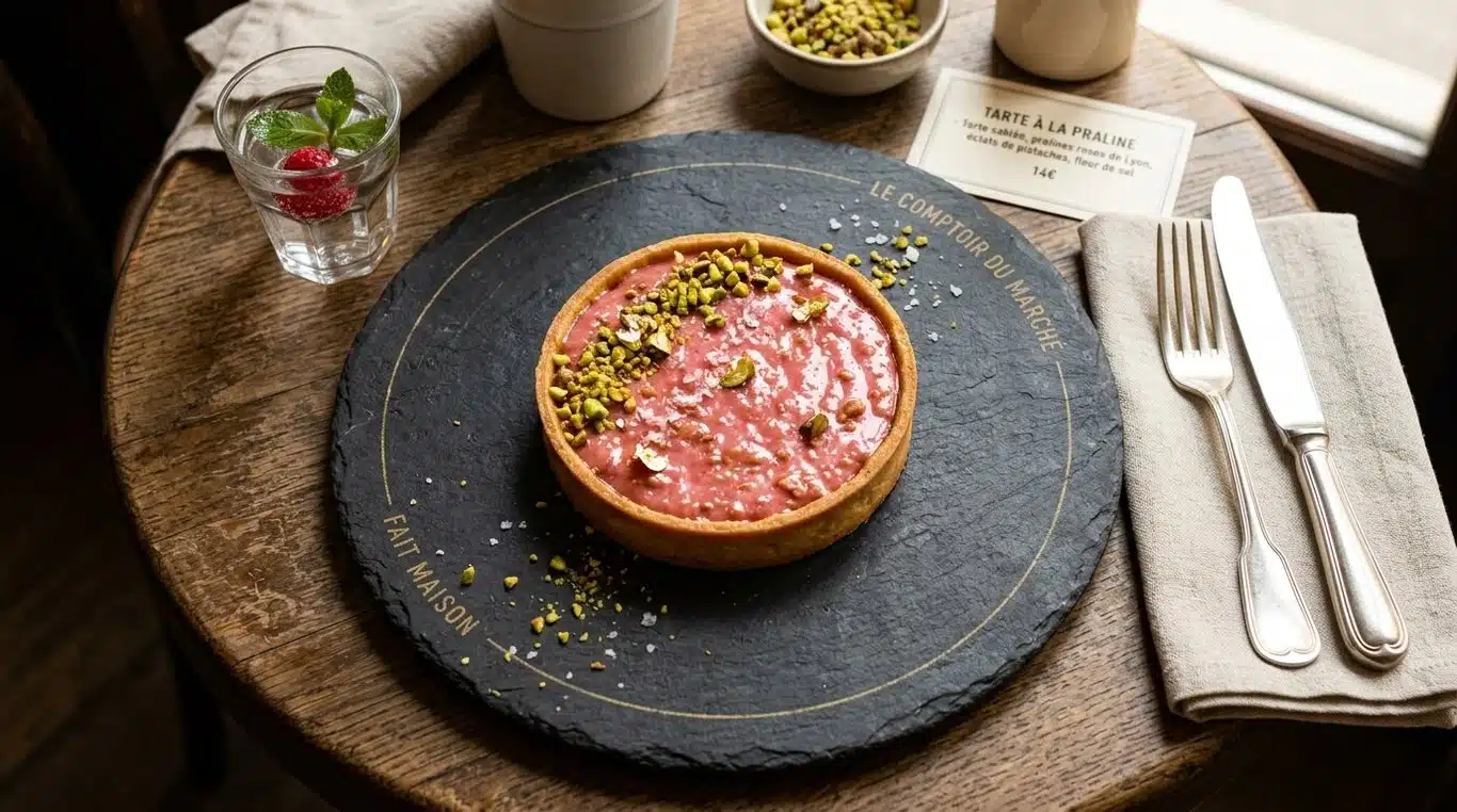 Tarte à la praline revisitée aux éclats de sel et pistaches