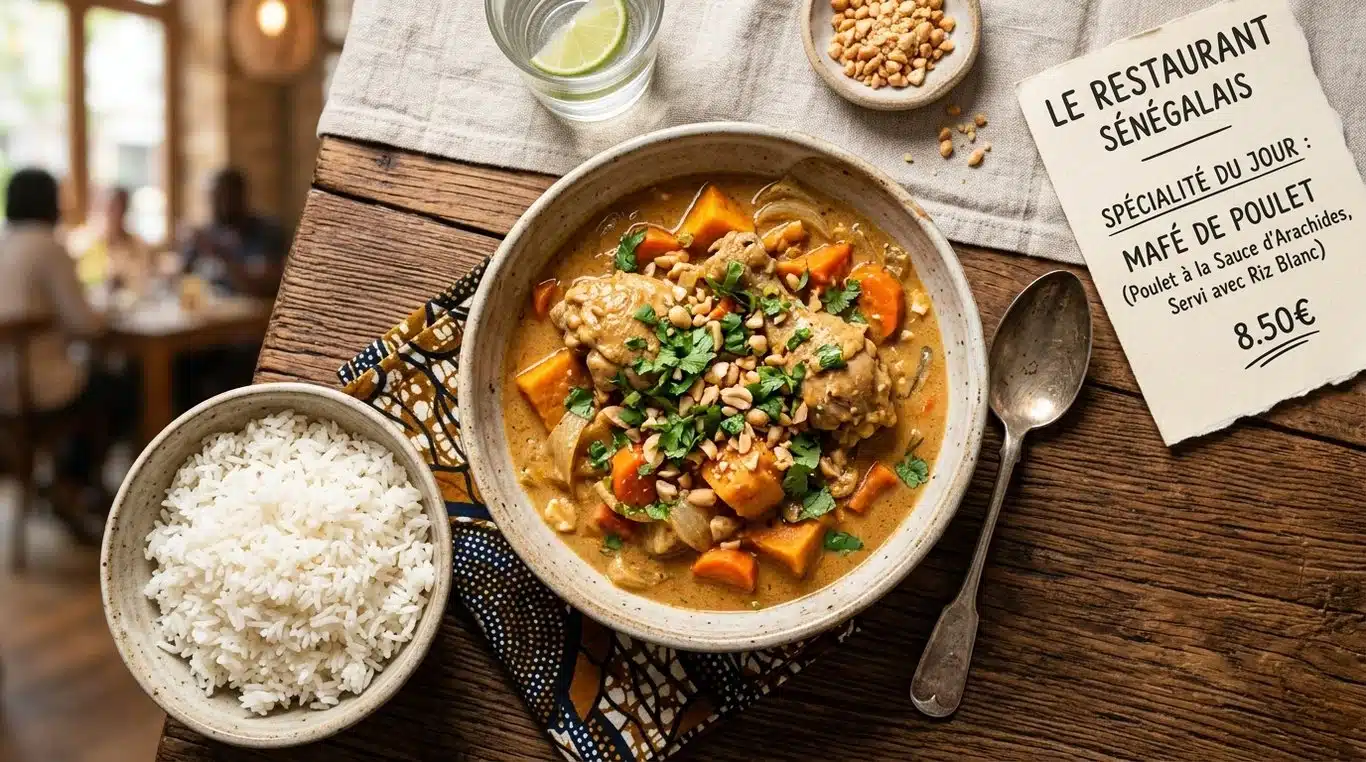 Plat de Poulet Mafé traditionnel servi avec du riz blanc et garni de cacahuètes concassées.
