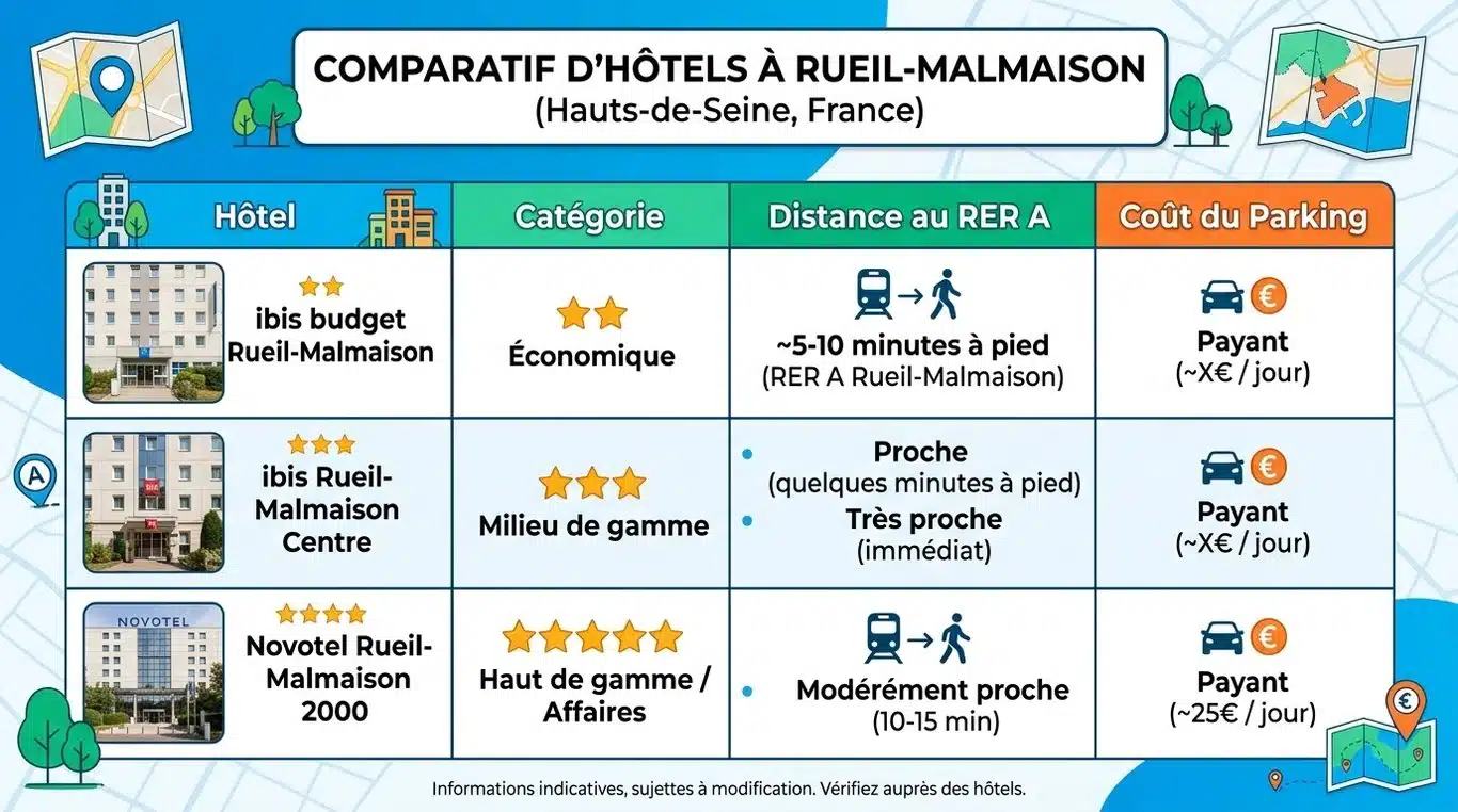 Infographie comparative des hôtels à Rueil-Malmaison : ibis budget, ibis et Novotel.