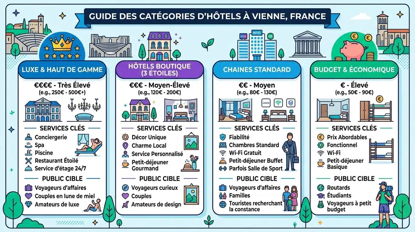 Infographie comparative des catégories d'hôtels à Vienne (Isère) : prix, services et profils.