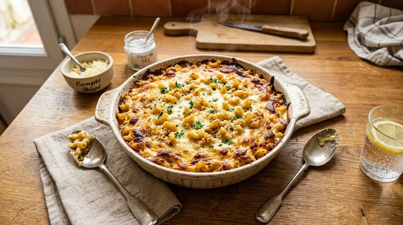 Gratin de coquillettes au jambon et fromage doré au four