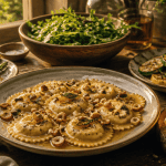 accompagnement ravioli avec légumes rôtis et focaccia