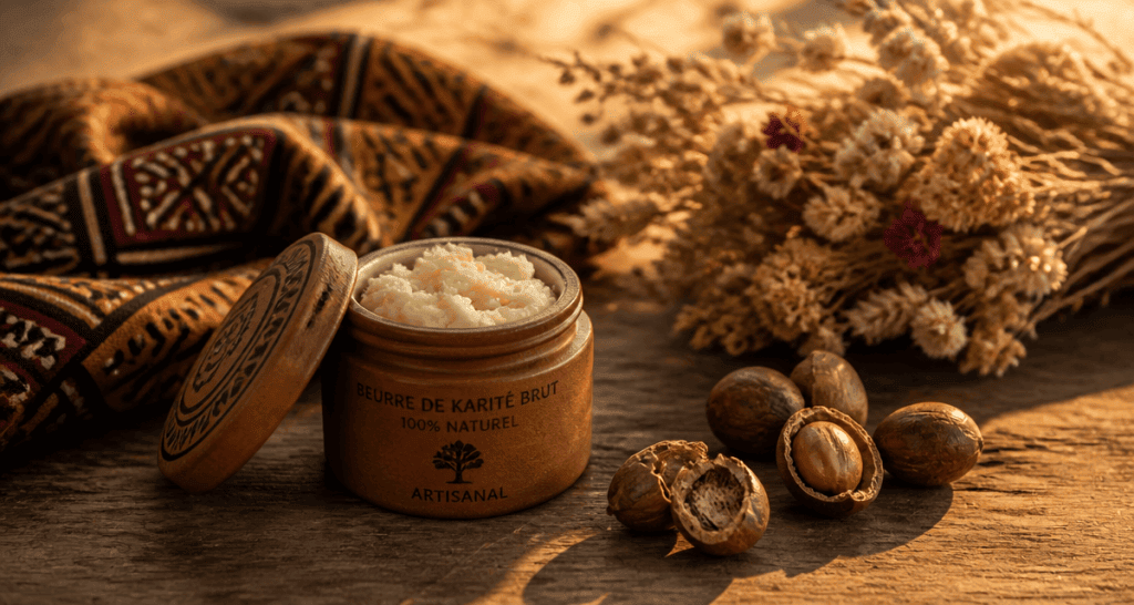bienfaits beurre de karité pot artisanal sur table bois