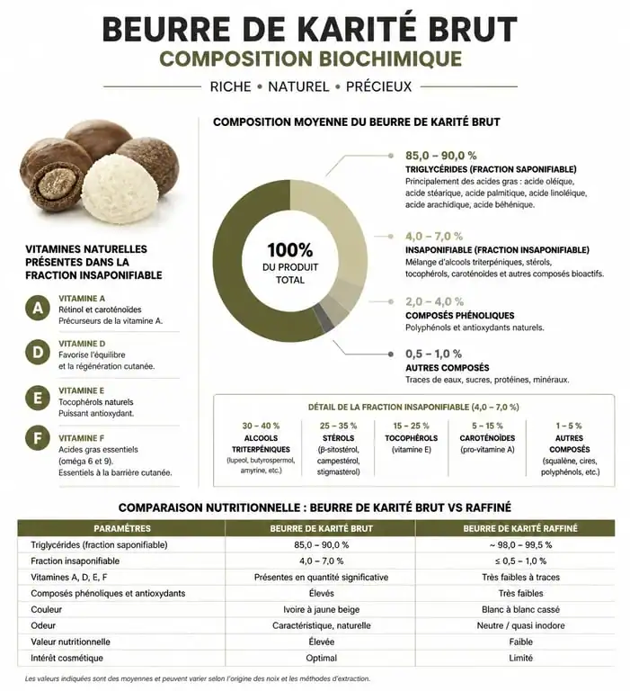 Infographie sur les bienfaits du beurre de karité et sa composition riche en vitamines et insaponifiables