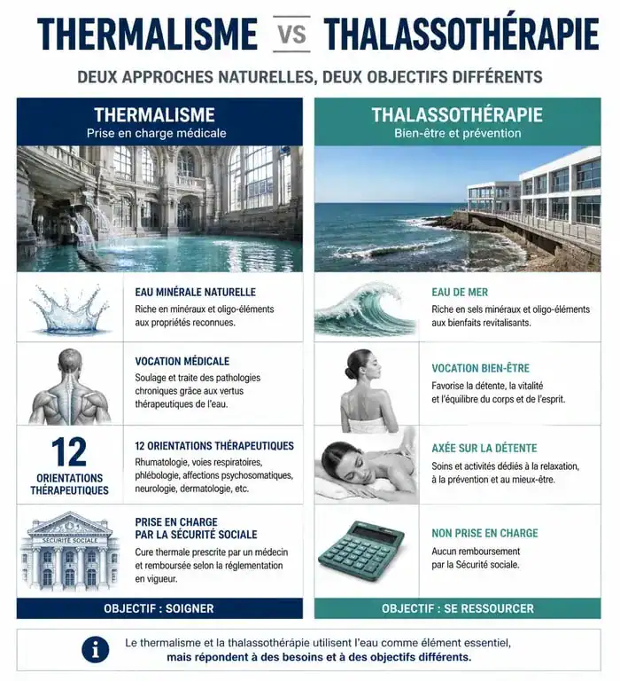 Infographie comparative entre le thermalisme médical et la thalassothérapie de bien-être