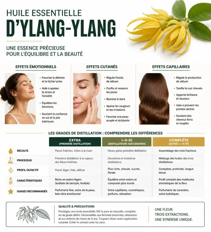 Infographie des bienfaits et usages de l'huile essentielle d'ylang-ylang