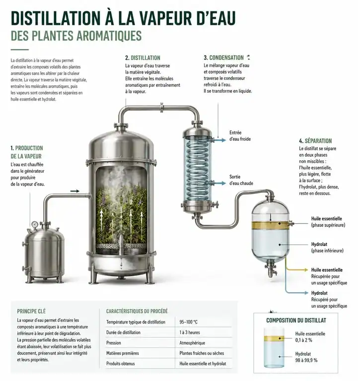 Schéma du processus de distillation à la vapeur pour l'aromathérapie