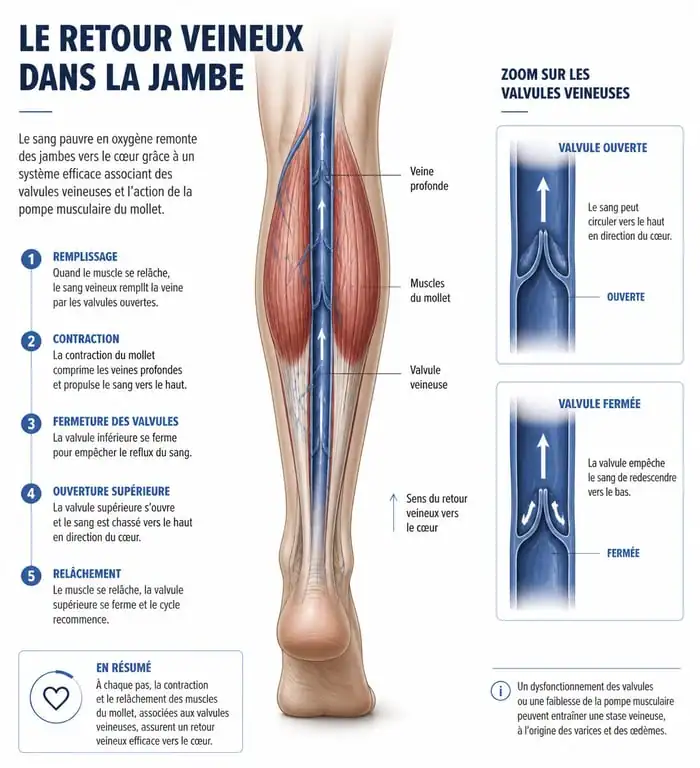 Schéma explicatif du mécanisme du retour veineux pour améliorer la circulation sanguine