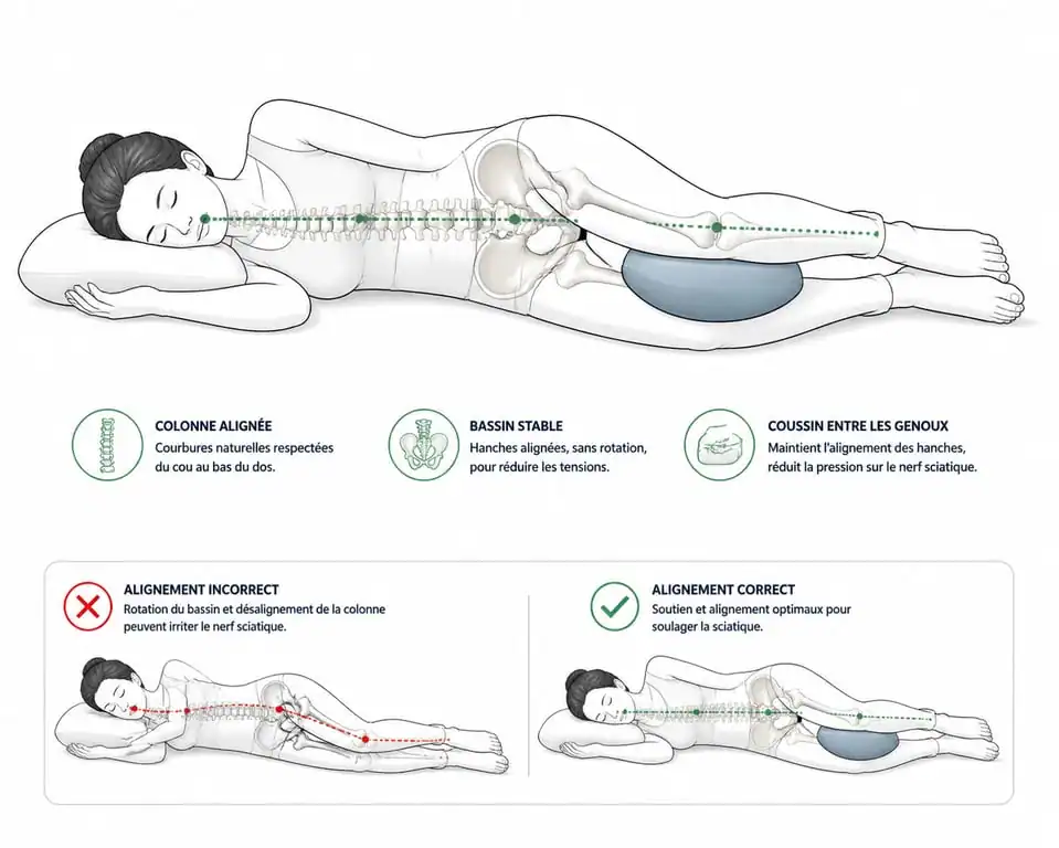 Schéma illustrant la bonne position pour dormir avec une sciatique en utilisant un coussin entre les genoux