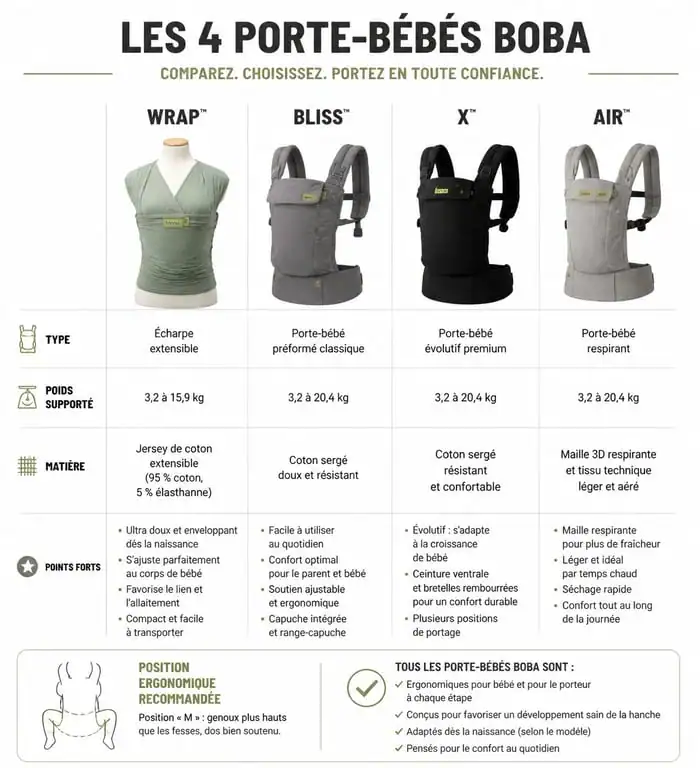 Tableau comparatif des porte-bébés Boba : Wrap, Bliss, X et Air pour choisir le modèle adapté à votre bébé